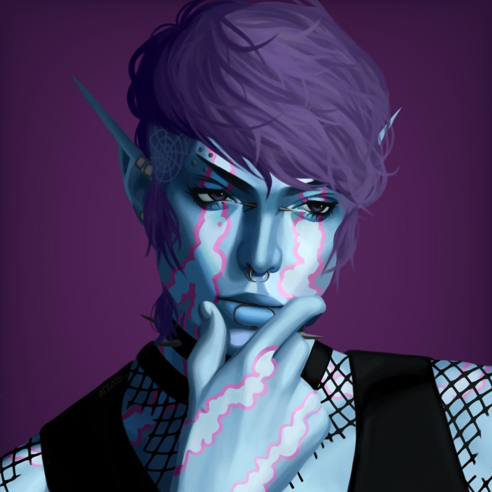 digital headshot drawing of a blue-skinned punk alien woman looking off to the side with a hand to her lips. 