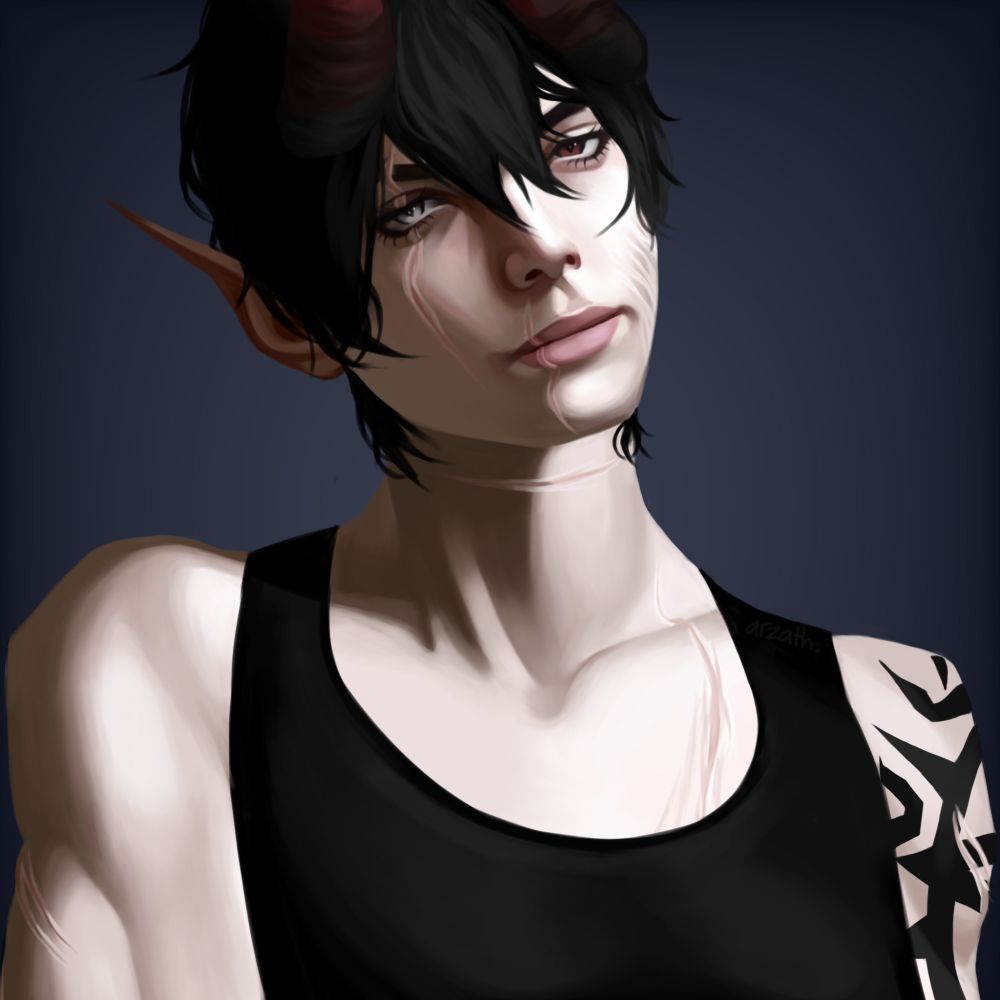 digital headshot drawing of a paleskin butch demon women smiling slightly with her head tilted slightly to the side 