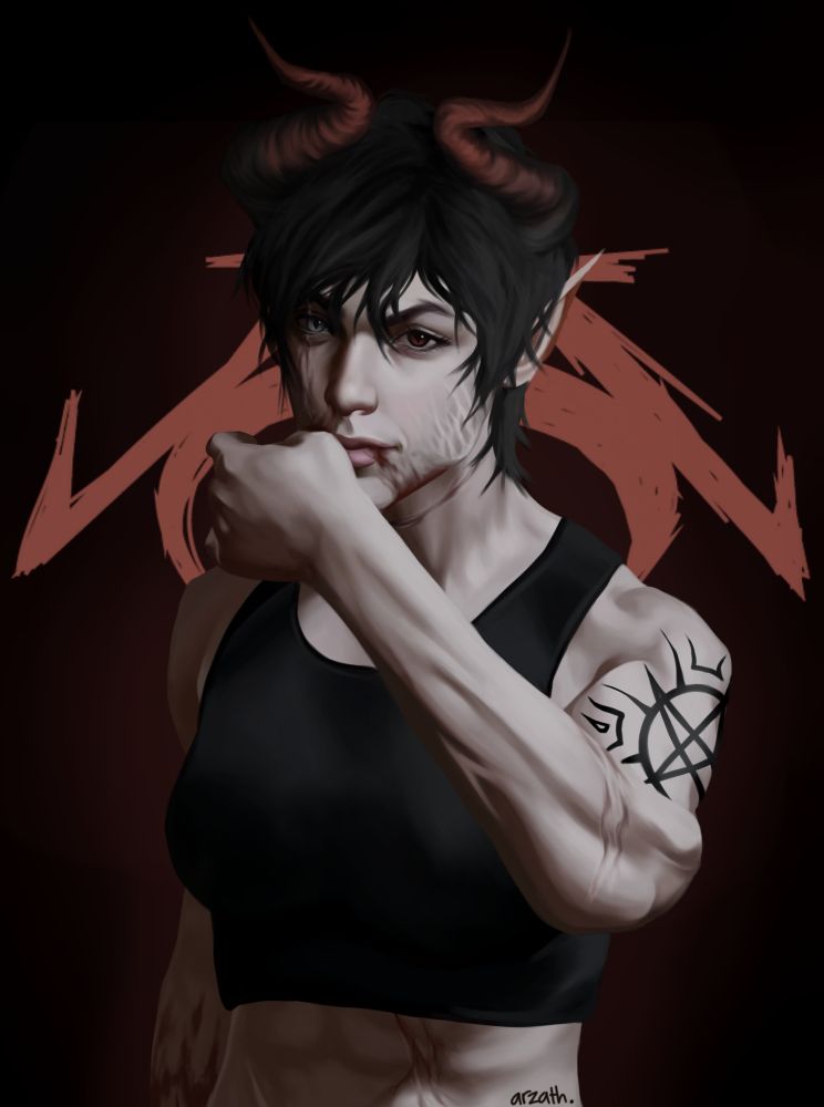 digital drawing of a paleskin muscular demon woman wiping blood off her lips with her fist, while wearing a sports bra. she has black short messy hair, black-red gradient curved horns, one red and white eyes, and scars all across her body.