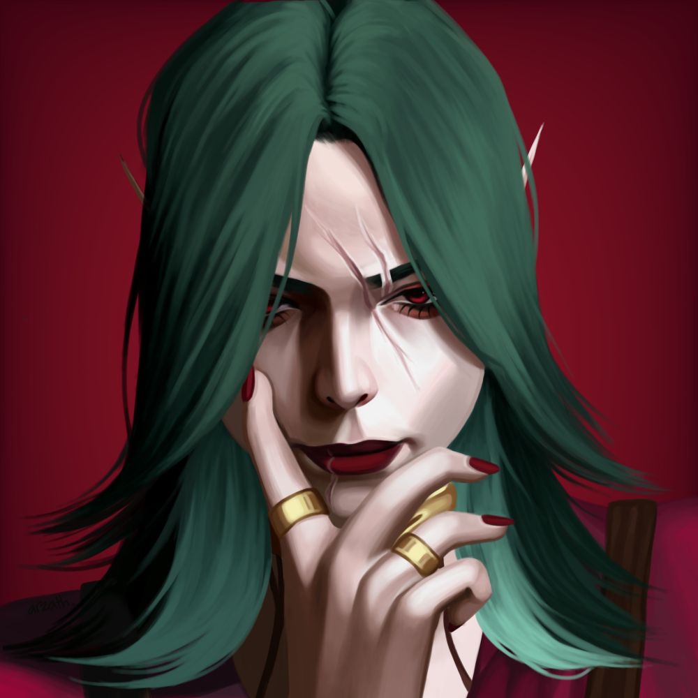 digital headshot drawing of a white feminine vampire woman looking forwards with a smirk, her hand posed on her face.