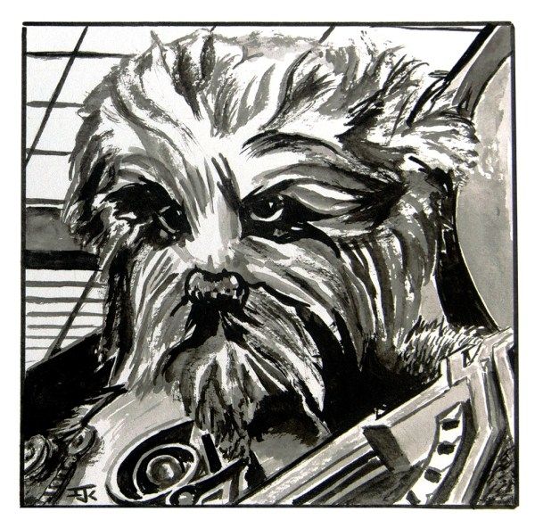 Ink drawing of Craig Els as Karvanista from Doctor Who: Flux, a dog faced alien.