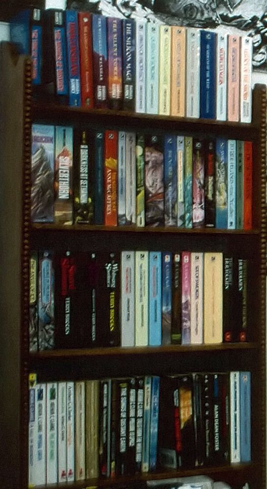 Four layers of books. In addition to the women mentioned in my post there are men too: Tolkien, Terry Brooks, Arthur C Clarke, Rayment E Feist, Alan Dean Foster.