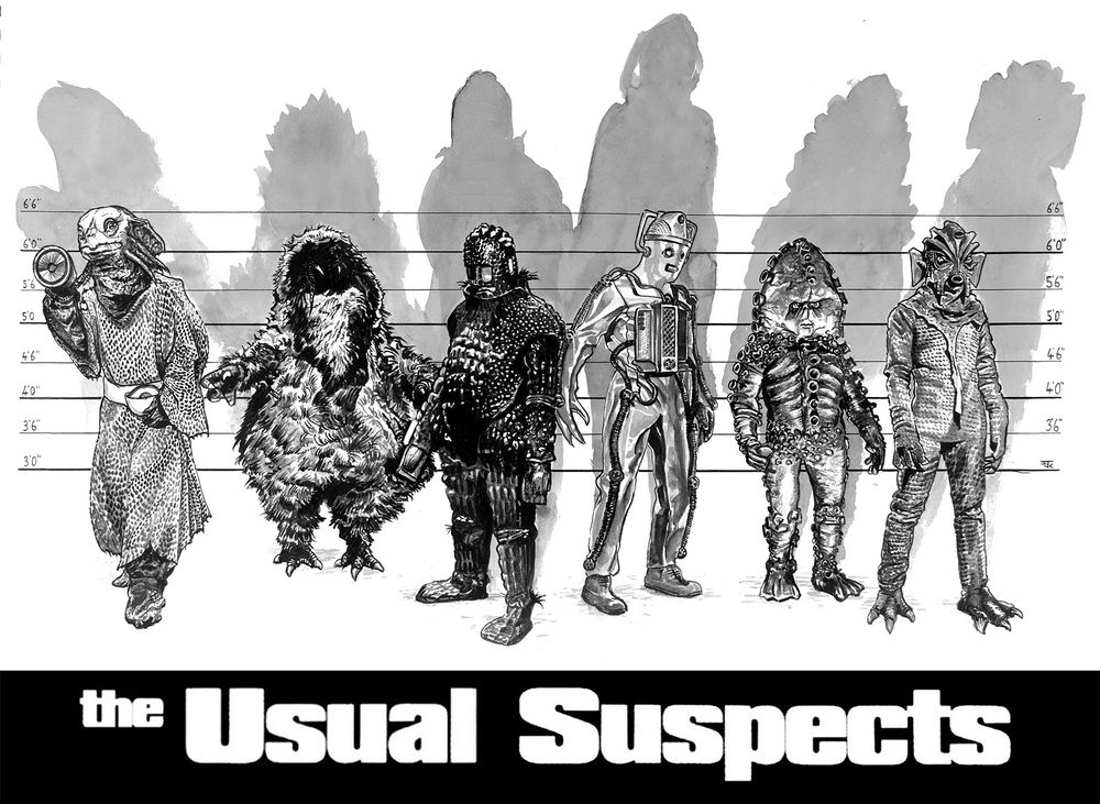 Ink drawing showing six 1960s and 1970s Doctor Who Monsters in a police lineup against a height board above the logo for the Usual Suspects movie.  From left to right: a Sea Devil, a Yeti, an Ice Warrior, a Cyberman, a Zygon and a Silurian. The monsters cast lurid shadows on the wall behind them.