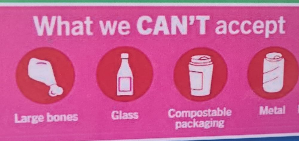 Bright pink sign: "What we CAN'T accept" with icons for "Large bones" , "Glass", "Compostable packaging" and "Metal."