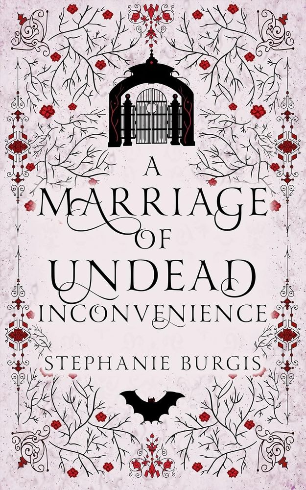 Cover art withnrext surrounded by line art of an okd metal entrance gate, a bat and lots of red flowers on black stems.