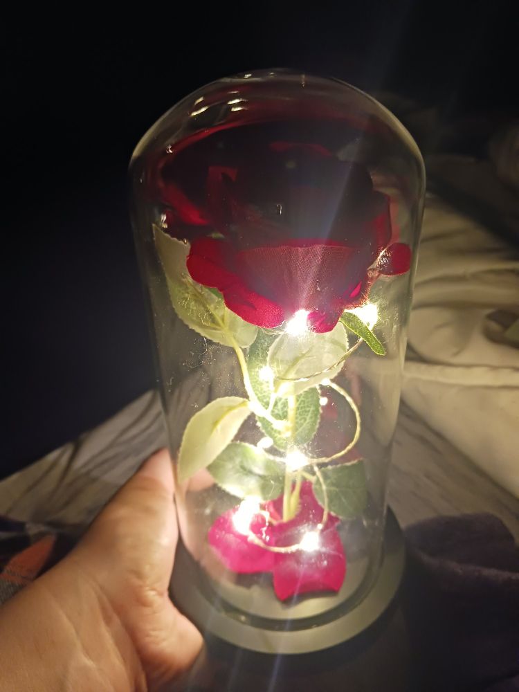 A paper rose with string lights inside a display case. The room is dark to show the glow of the string lights.