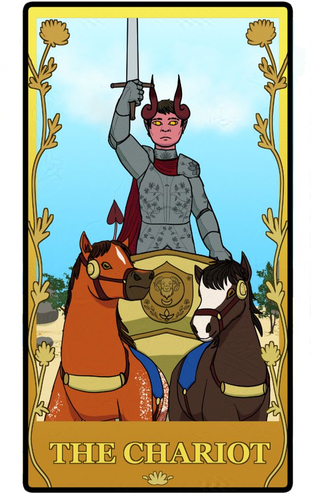 A depiction of the tarot cart "The Chariot". The chariot rider is a tiefling wearing plate armor and a red cape, pointing a sword to the sky. His golden chariot is being pulled by two horses each with blue cloth draped on their backs. A flower motif runs along the sides of the card.