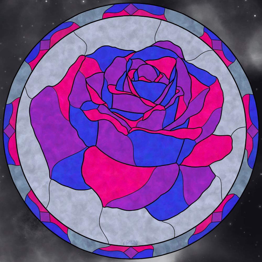Digital art styled to look like a stained glass rose in a circle frame. The rose petals and frame are are the colors of the bi flag.