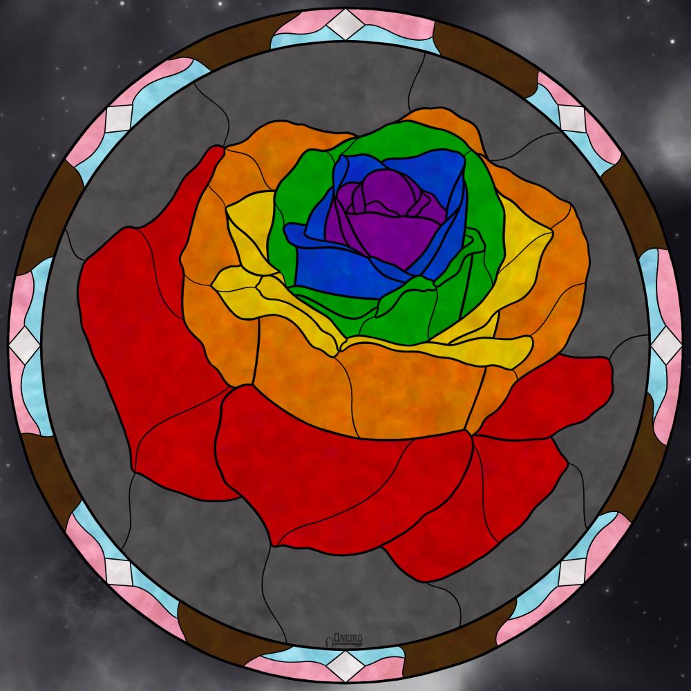 Digital art styled to look like a stained glass rose in a circle frame. The rose petals are a rainbow, large petals are red working to the center in purple. The frame is the trans flag with brown and black pieces interspersed. The whole piece creates an inclusive pride flag.
