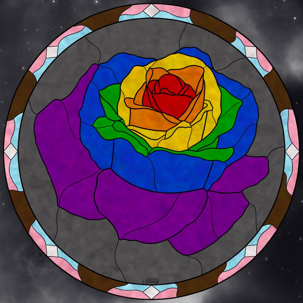 Digital art styled to look like a stained glass rose in a circle frame. The rose petals are a rainbow, large petals are purple working to the center in red. The frame is the trans flag with brown and black pieces interspersed. The whole piece creates an inclusive pride flag.