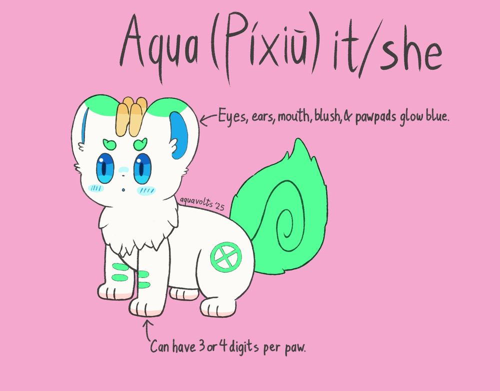 Aqua (Píxiū)  it/she
A white-and-green pixiu with two horns and blue eyes and ears and a blue blush.