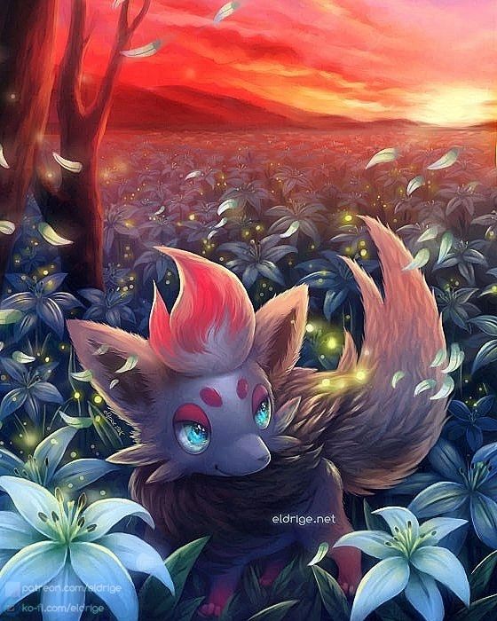 Detail crop of a digital painting showing a Zorua, standing in a field of flowers at sunset.