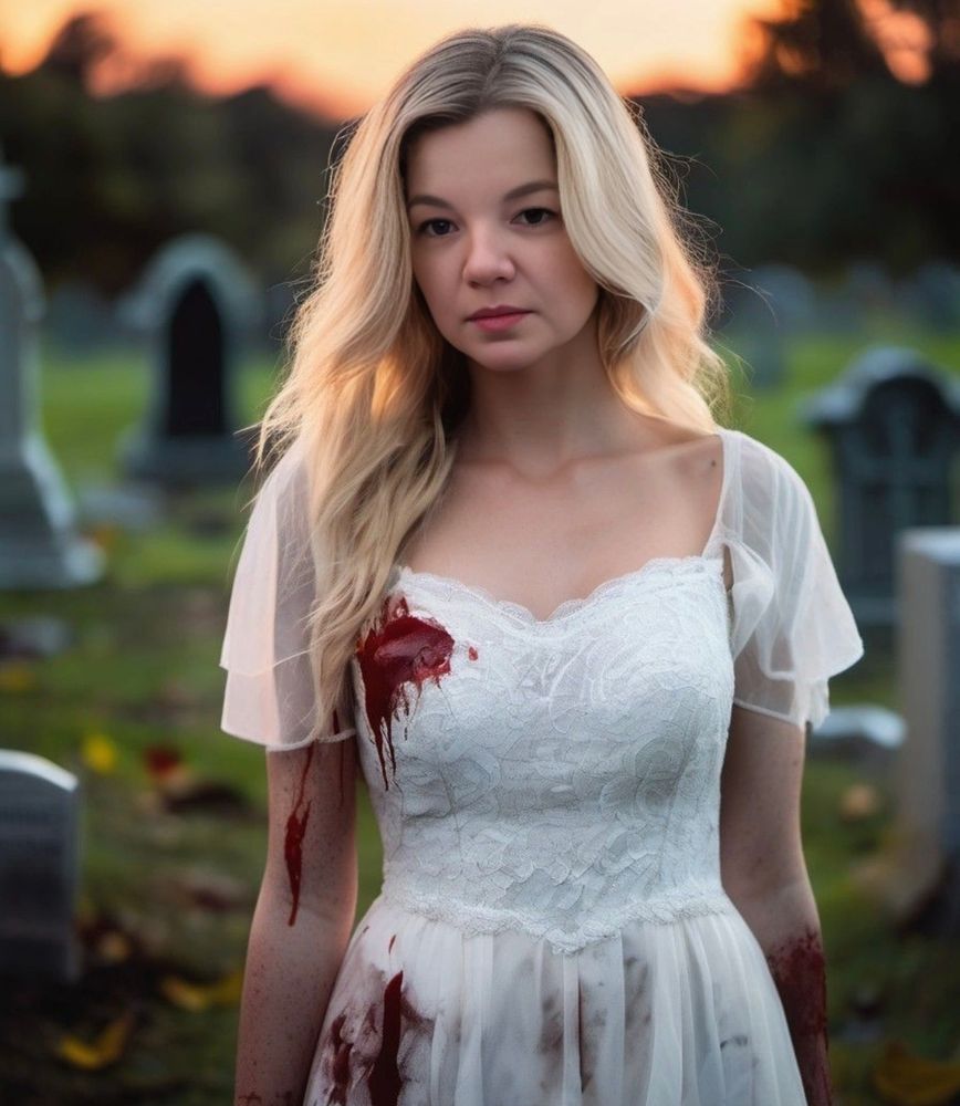 Picture of me, changed by AI. I'm standing at the cemetery in white dress, blood on me ;)