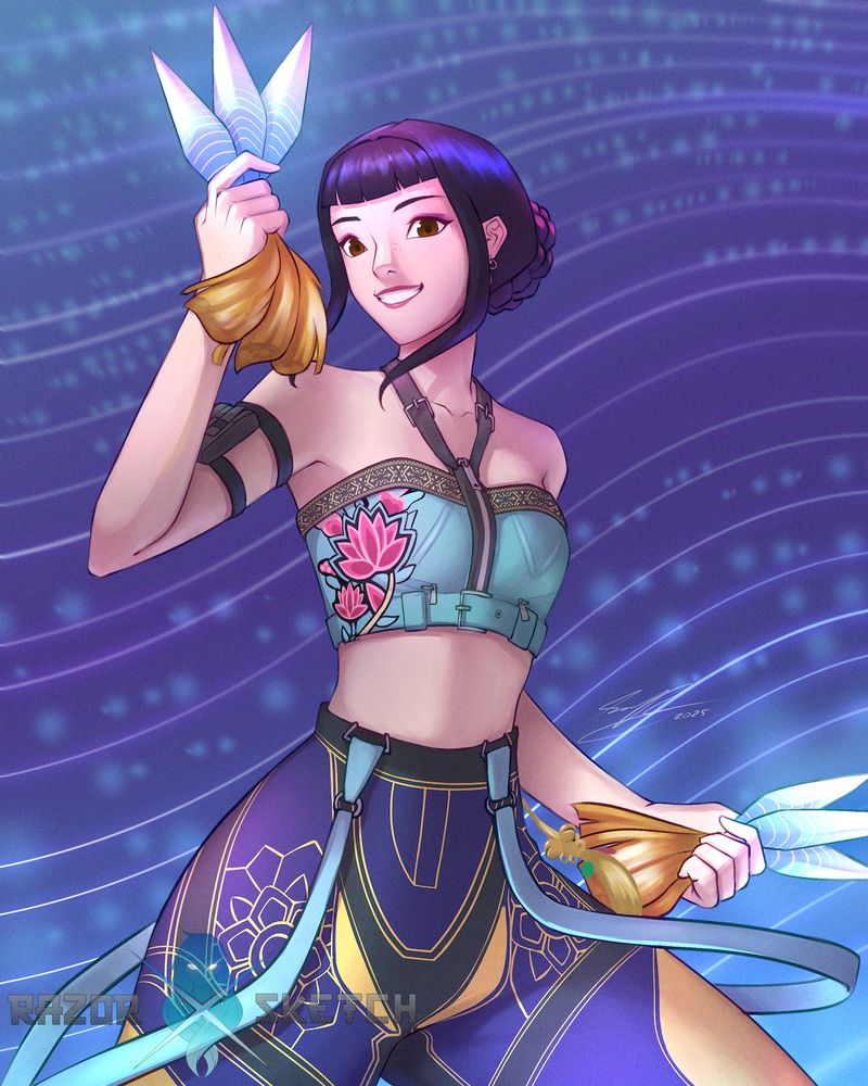 A half-body portrait of Zoey, one of the members of HUNTR/X.  She is holding her weapons in both hands, one in front of her up high and the other one at her side.  

Her body pose shows energetic movement with the extra clothing bits swaying along with it.  She is giving an energetic smiles that shows much of her personality.