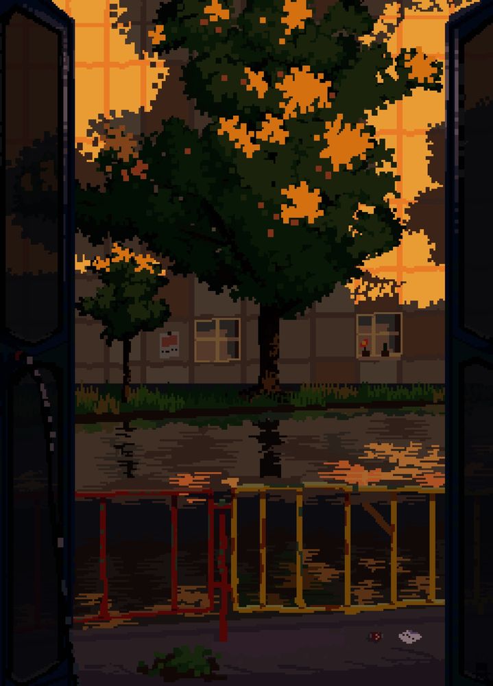 Getting off the bus on a nice orange sunset right infront of a beautiful tree in pixelart