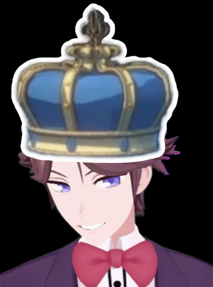 Crudely edited image of RTGame's vTuber avatar with the blue crown from Blue Prince instead of a top hat.