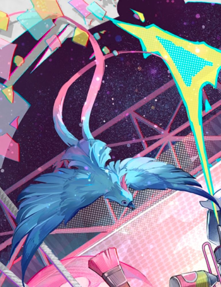 Tippi's animal spirit thingy from her E2 art in Arknights. It's a blue and pink bird.