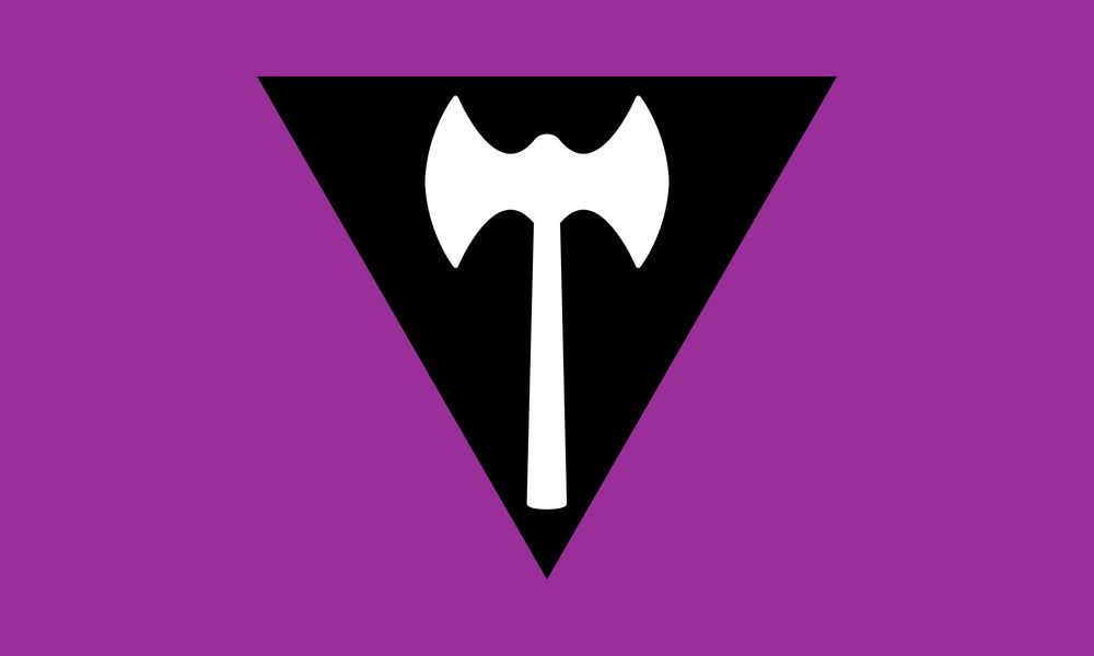 The labrys lesbian pride flag. A white double battle axe on an inverted black triangle over a light purple background.