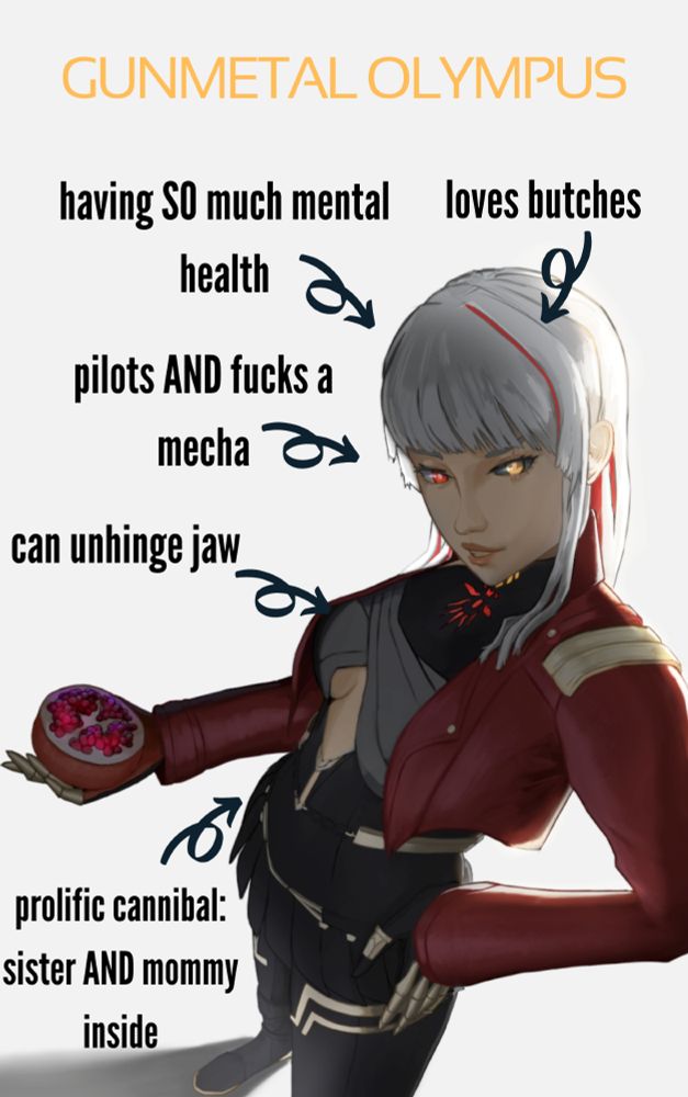 Image of white-haired woman with one red eye and one golden one, in a black/gold pilot suit and red jacket.