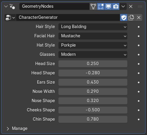 the user interface for the character generator, showing sliders and drop down menus for different parameters.