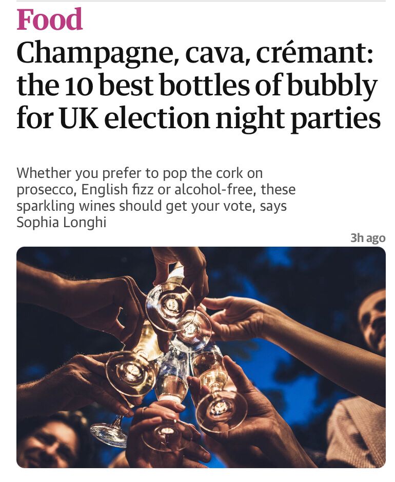 Screenshot from the Guardian app of an article headline that reads: Champagne, cava, crémant: the 10 best bottles of bubbly for UK election night parties