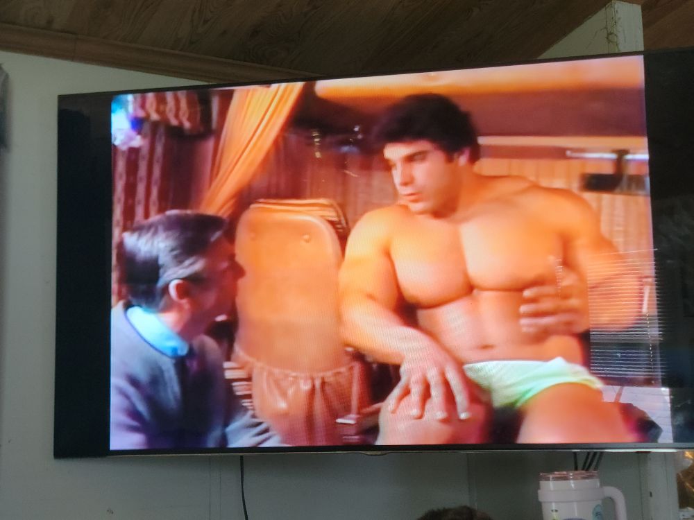 Fully dressed children's entertainer and Presbyterian minister Mister Rogers and a shirtless, absolutely ripped beyond comprehension Lou Ferrigno in an episode of Mister Rogers' Neighborhood.