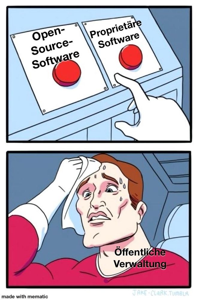 Eine Comic-Darstellung mit zwei Panels. Im oberen Panel gibt es zwei rote Knöpfe: einer ist mit „Open-Source-Software“ und der andere mit „Proprietäre Software“ beschriftet. Eine Hand schwebt zögerlich über den Knöpfen. Im unteren Panel ist eine schwitzende Figur dargestellt, die ihre Stirn mit der Hand abwischt und offensichtlich unter Entscheidungsdruck steht. Diese Figur ist mit „Öffentliche Verwaltung“ beschriftet, was auf die Herausforderung anspielt, eine Wahl zwischen Open-Source- und proprietärer Software zu treffen.