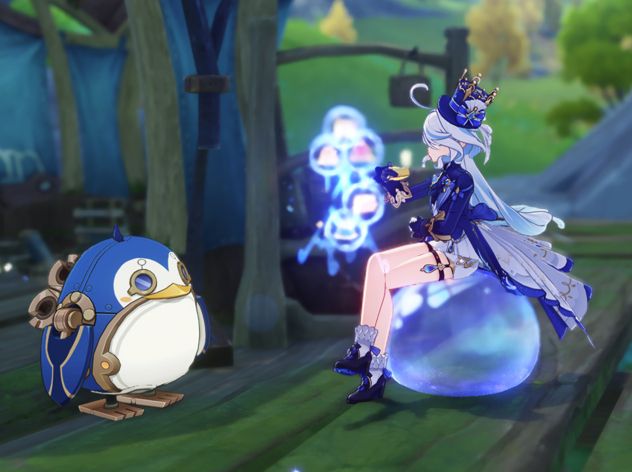"Thelxie" a blue and white clockwork style penguin, and Furina sitting on a bubble holding a piece of cake