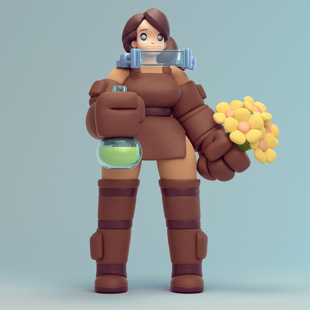 A colour CGI render of a 3d model of a stylised female character based on Nurzhan Bekkaliyev's concept