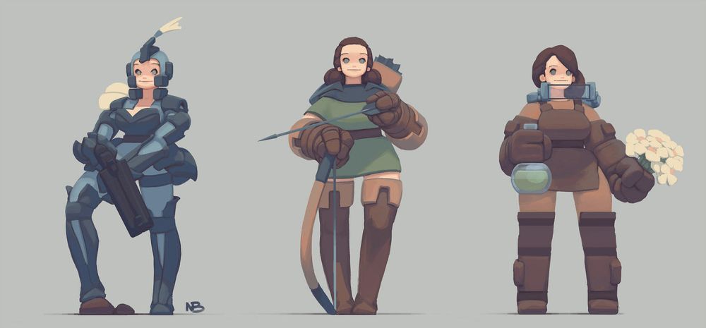A trio of character designs, created by Nurzhan Bekkaliyev. The concept I attempted to adapt is on the far right