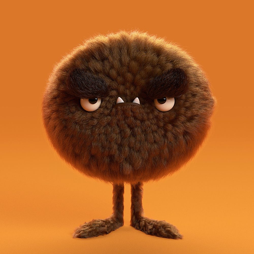 A 3d/CGI rendering of an angry, furry, fuzzball monster