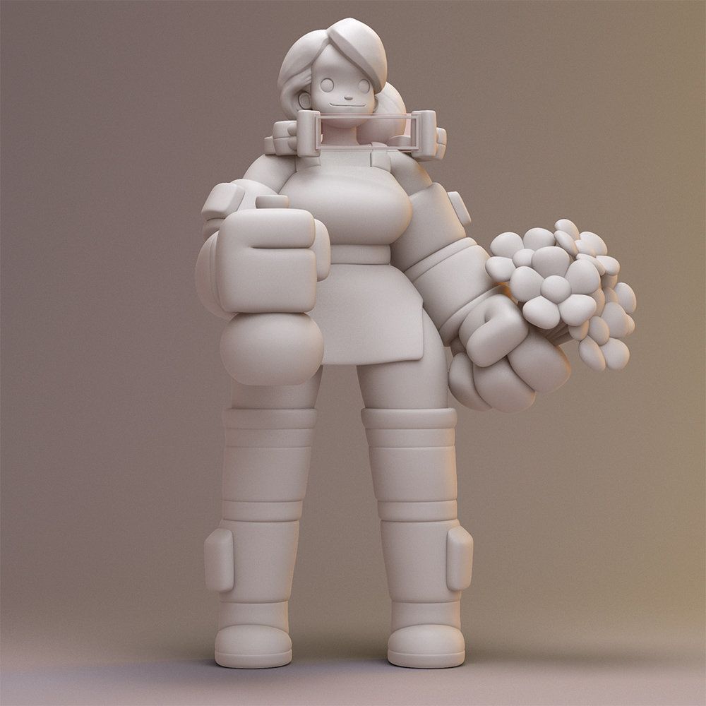 A grey/unshaded CGI render of a 3d model of a stylised female character based on Nurzhan Bekkaliyev's concept
