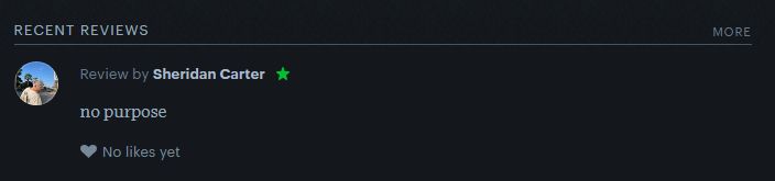 A screenshot from Letterboxd. The reviewer Sheridan Carter has given a one star review and written "no purpose"