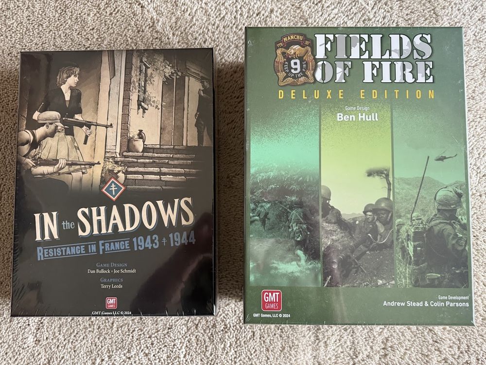 My new copies of In the Shadows and Fields of Fire Deluxe Edition by GMT games