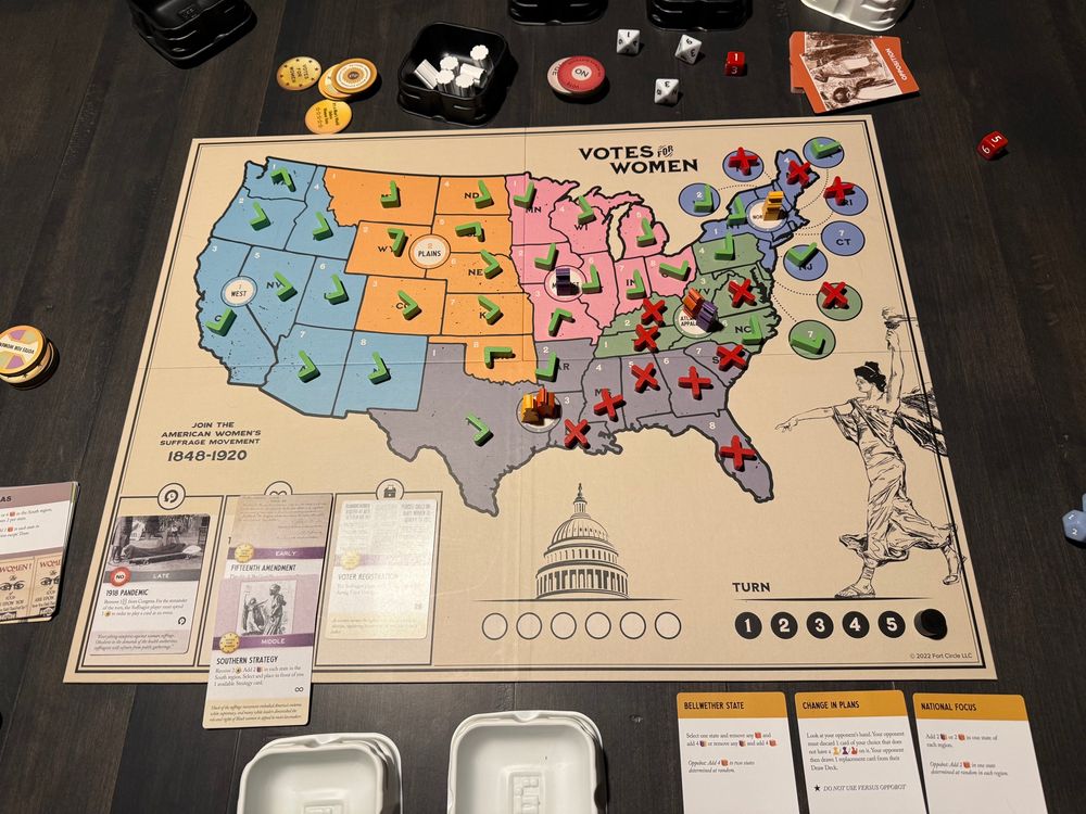 Final position of the board game Votes for Women showing a win for the Opposition player (me).