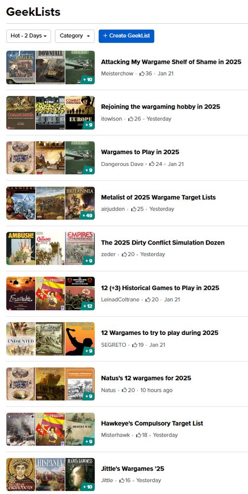 A screenshot from Boardgamegeek.com showing that the top 10 "Hottest Geeklists" are all wargame related.