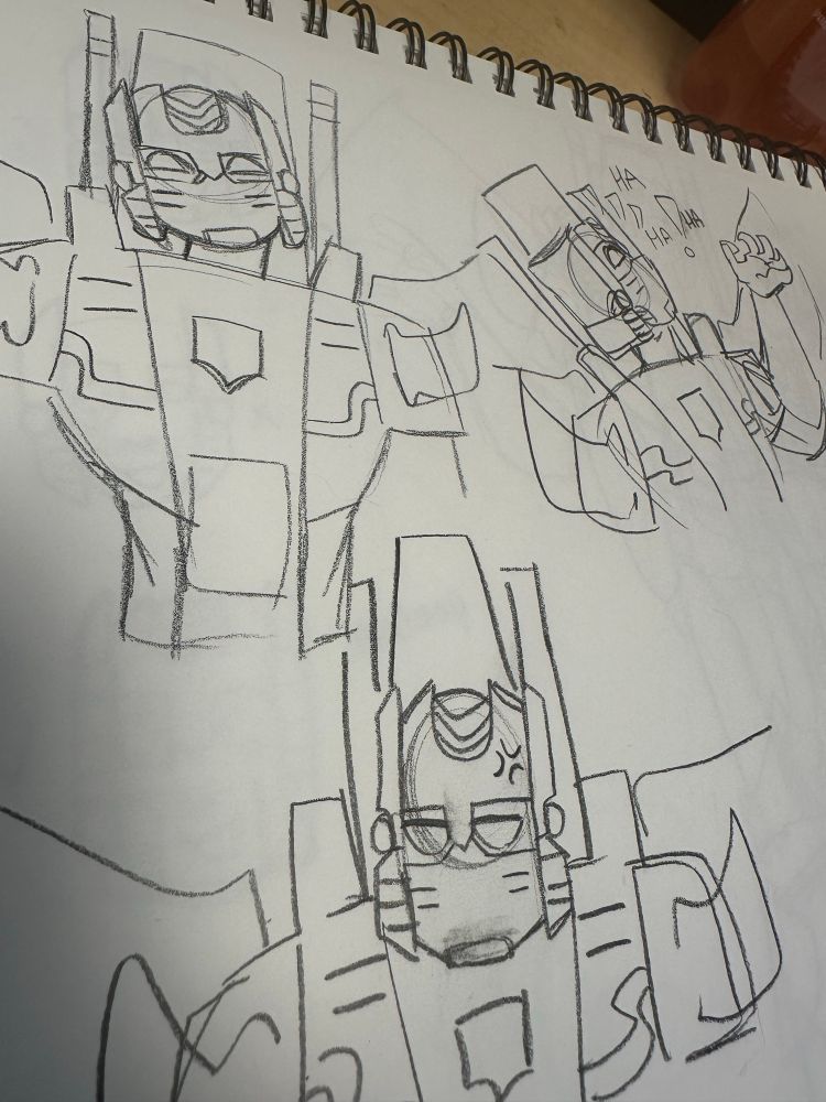 Three drawings of Brainstorm from transformers. In one he’s cackling