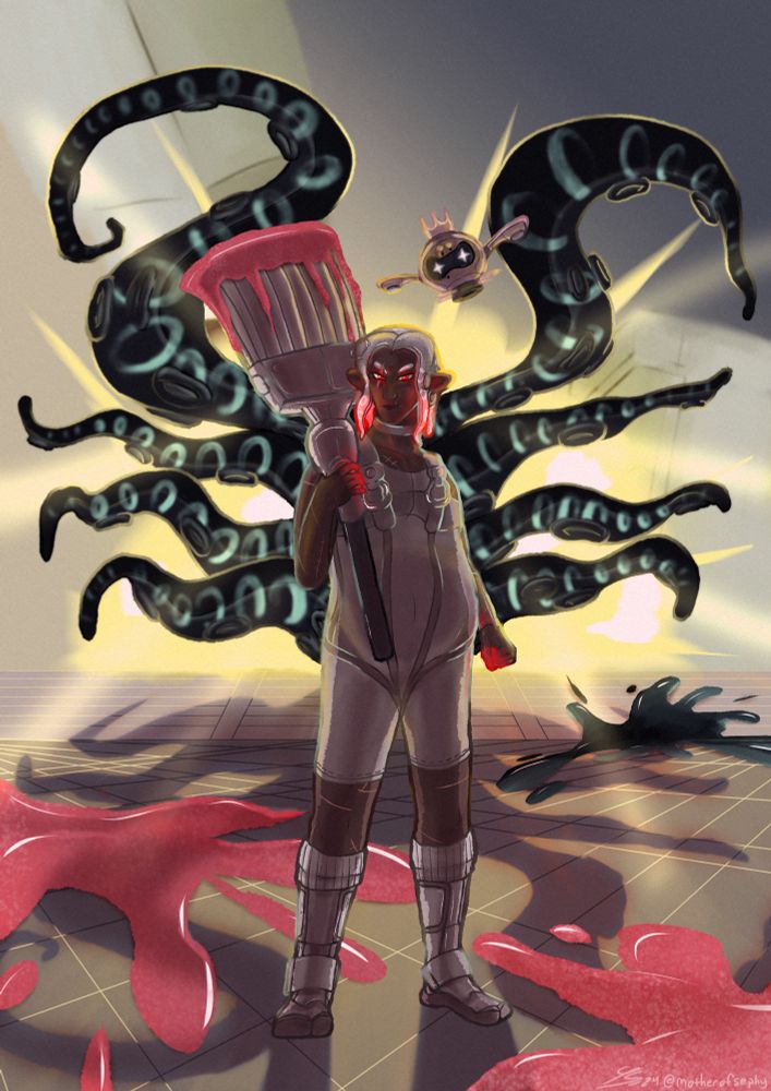 Agent 8, a tall, chubby, dark-skinned octoling with red eyes and fingertips, poses holding an inkbrush over his shoulder, his orher hand in a triumphant fist. The Pearl Drone is hovering beside him. There are pink and black ink splats on the ground. Behind Agent 8 are the tentacles of the Overlorder stretched out in defeat, looking almost like wings behind Agent 8.