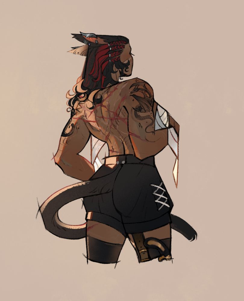Comm'd art from @anaithnidd.bsky.social of my OC Rifka Dushane. Her pose suggests you walked in on the buff Monk getting dressed, as she's in the process of putting on her chest-wrap. She stands in her shorts and stockings, her back full of ugly scars, old and new, in full view. Her vivid tattoos are also visible on each shoulder: A Dragon clutching a crescent moon surrounded by stars, and a Cat facing a blazing sun surrounded by embers. She has started to turn her head, and is about to catch you staring - but she doesn't seem at all bothered. Her tail is relaxed and curling around her legs, which calls attention to the small pistol sitting in her normally-hidden thigh rig.

Unless you already know how she got the scars - she's probably not going to tell you.

Not today.