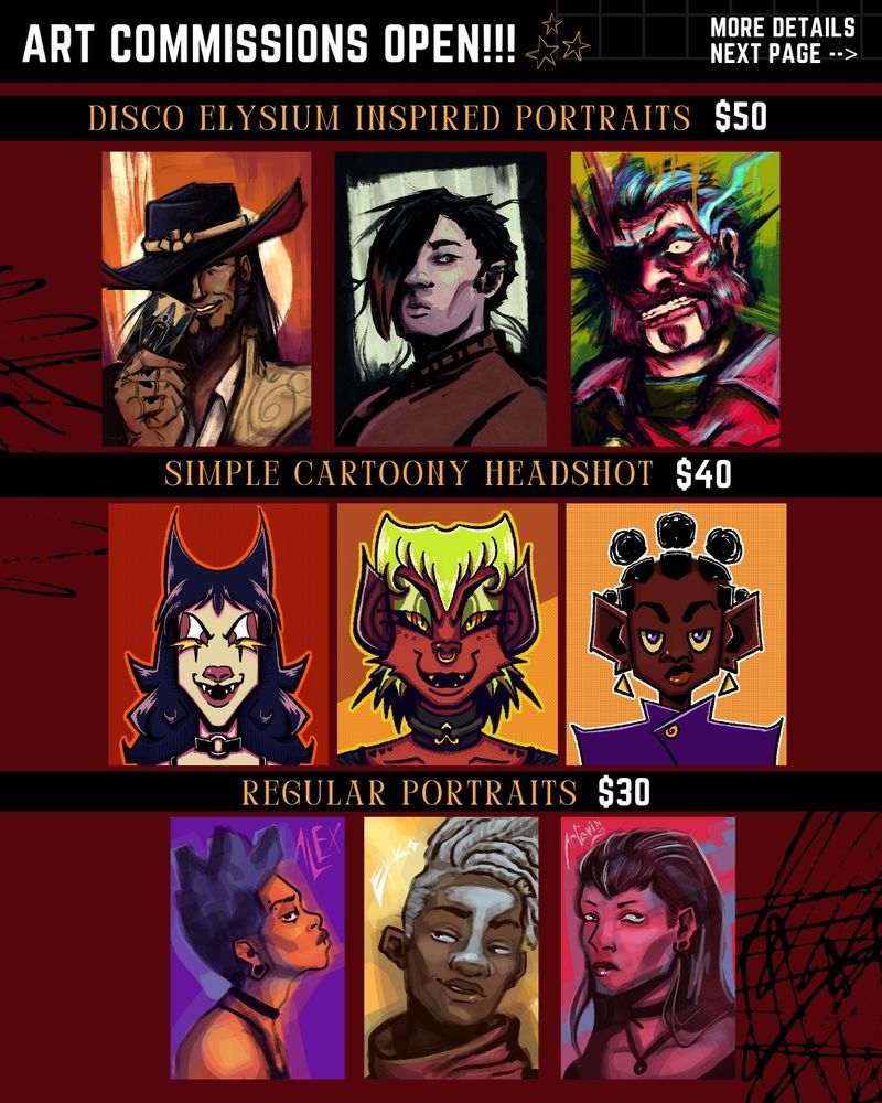 Disco elysium inspired portraits up for commissions by fellafell. There are also colorful and vibrant illustrations of cartoony women with vibrant features and two of them have bat like features