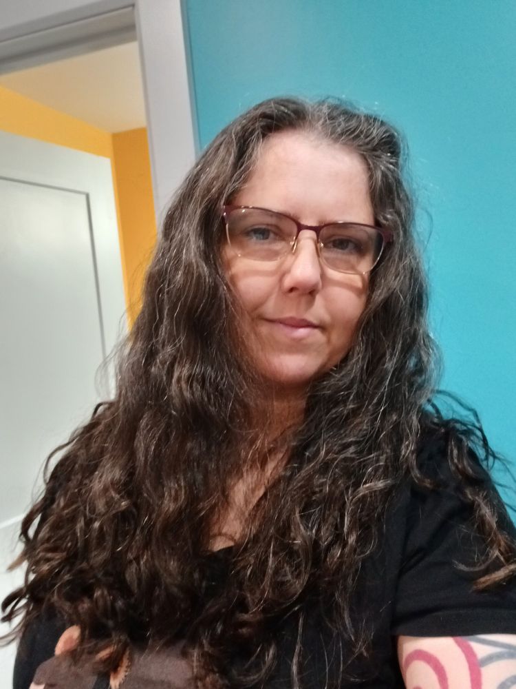 Selfie of a wo.an with glasses and long dark curly hair past her shoulders 