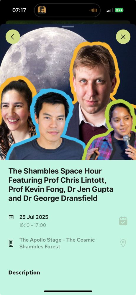 Four faces loom in front of a Moon. 07:17

The Shambles Space Hour Featuring Prof Chris Lintott, Prof Kevin Fong, Dr Jen Gupta and Dr George Dransfield

16.10 on the Apollo stage. 