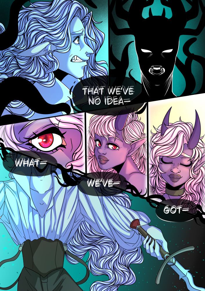 Helio remembers every little moment with Tricks, a beautiful purple tiefling. Marrow tells him he has no idea what he’s got as Helio raises his sword in tandem.