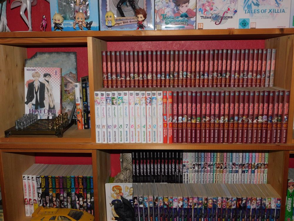 Une partie de ma collection Manga : 
En commençant avec le volume 1 d'Host Club vue de recto, puis :
Notament Fairy Tail et Sailor Moon (Pika edition).
Mais également Shaman King, Sexy Cosplay Doll, Iruma, Blood Lad.