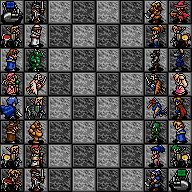 Image of the entire Shining Force 2 (Sega Mega Drive / Genesis) team, as well as Elis and Odd Eye, divided into two teams on the Creed chessboard.