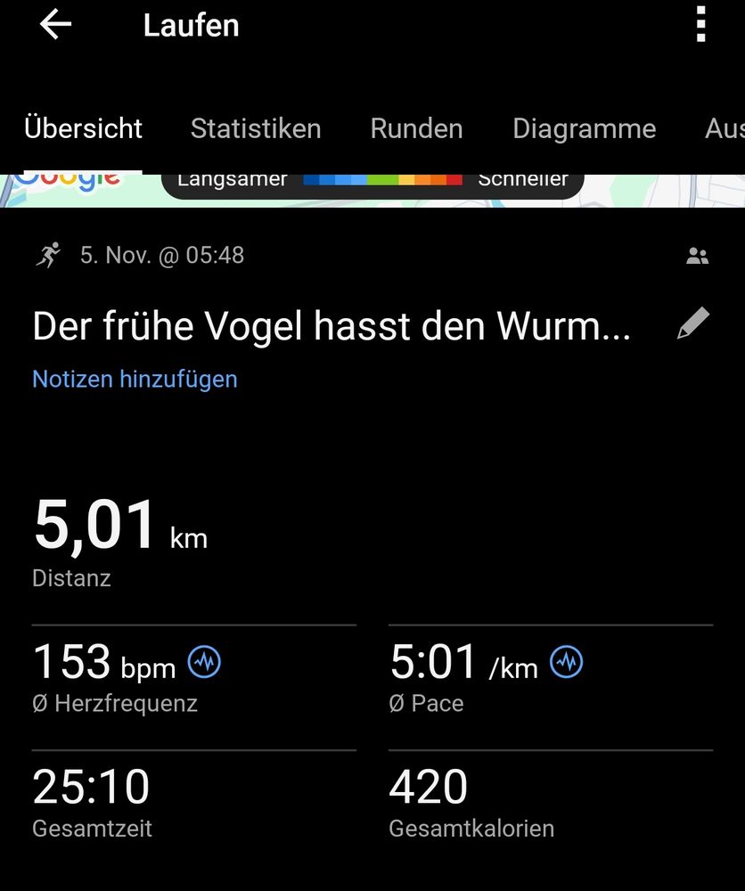 Screenshot einer Laufeinheit. 
Titel: Der frühe Vogel hasst den Wurm.
Sonstige Anzeige:
Distanz: 5,01km
Durchschnittliche Pace: 5:01/km
Gesamtzeit: 25:19 
Gesamtkalorien: 420 