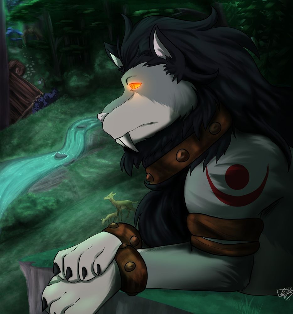 A worgen druid in cat form laying on a cliffside by the Dreamgrove. 
