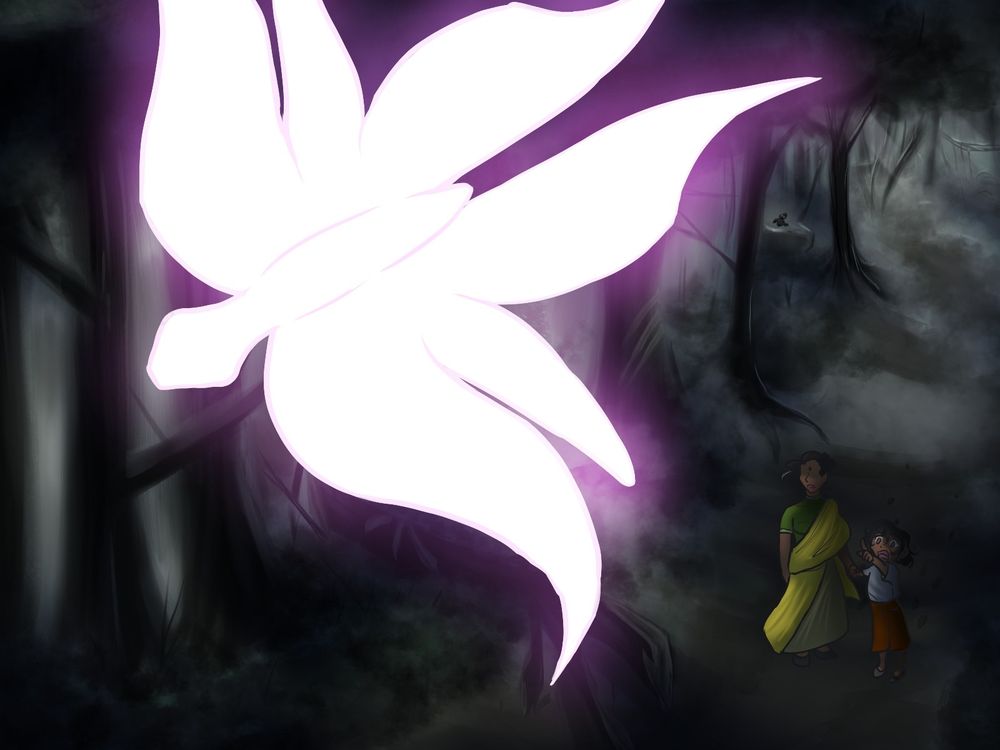 A mother and child lost in the fogged woods. Feeling like they've walked hours on hours on end in this endless forest. 
"Maa! Look!' The child shouted, pointing to the pink butterfly flying around them, as if beckoning them to follow it. 