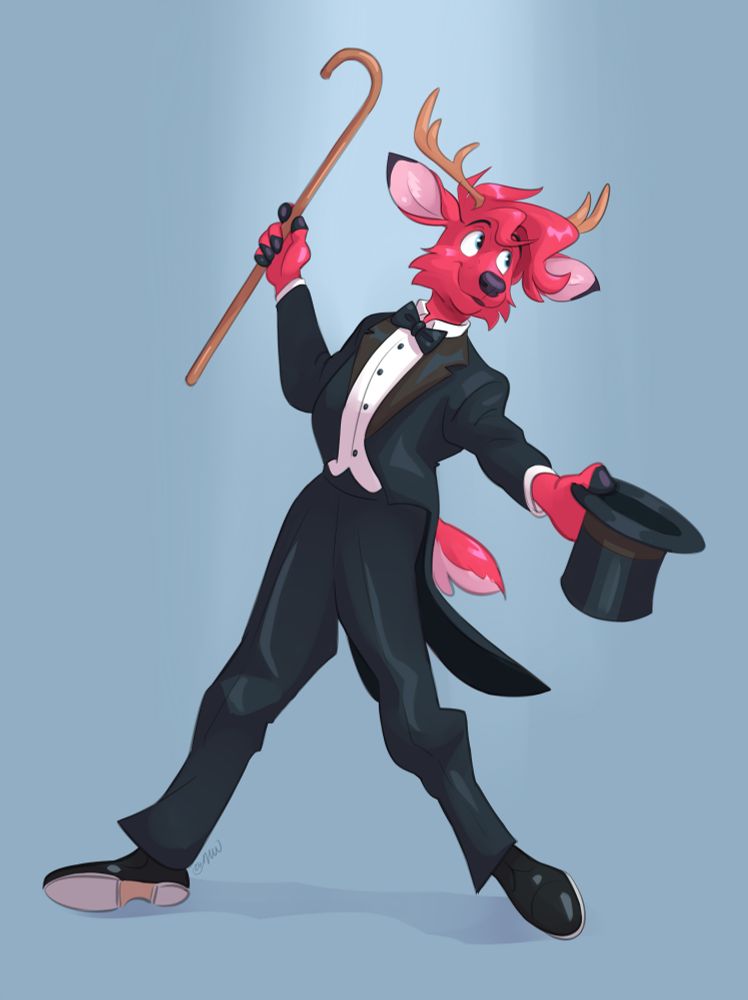 A red anthropmorphic deer in a tuxedo and tap shoes, holding a top hat and cane and posing like Fred Astaire in the middle of a routine.