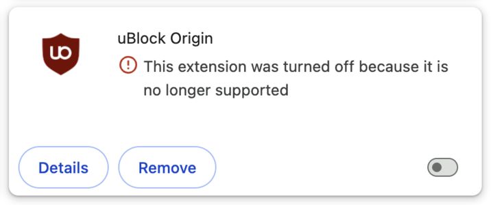 Screenshot of Chrome blocking uBlockOrigin on the newest update